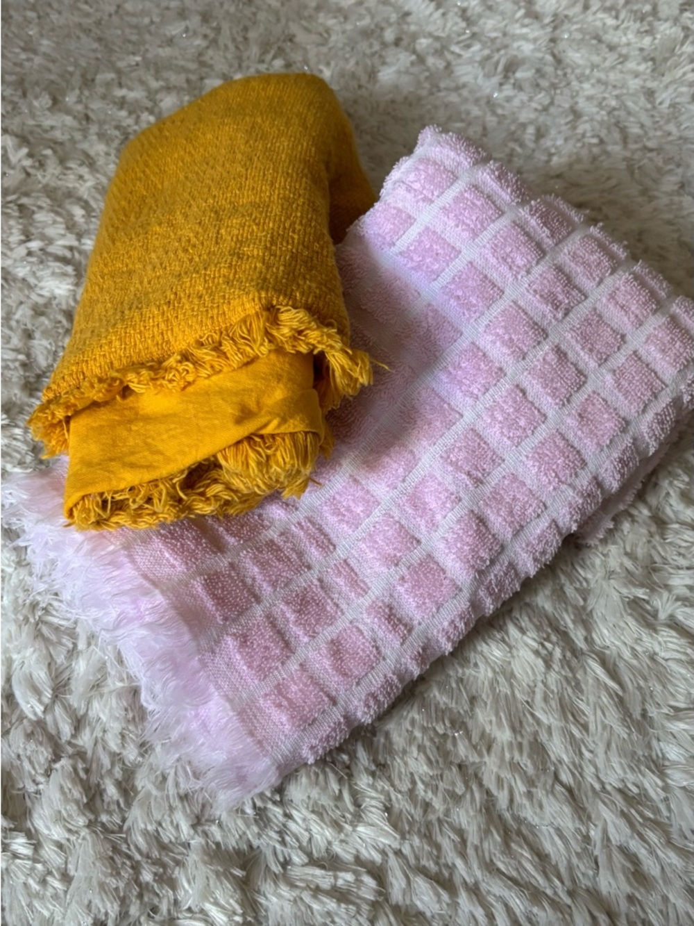 Vtg Pink Checkered and Mustard Double Sided Dish Rags Kitchen Towels